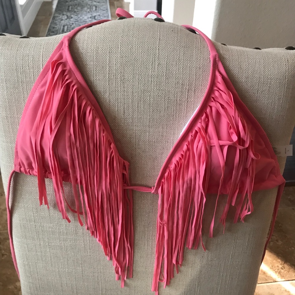 New coral/pink fringe bikini top - medium/large
